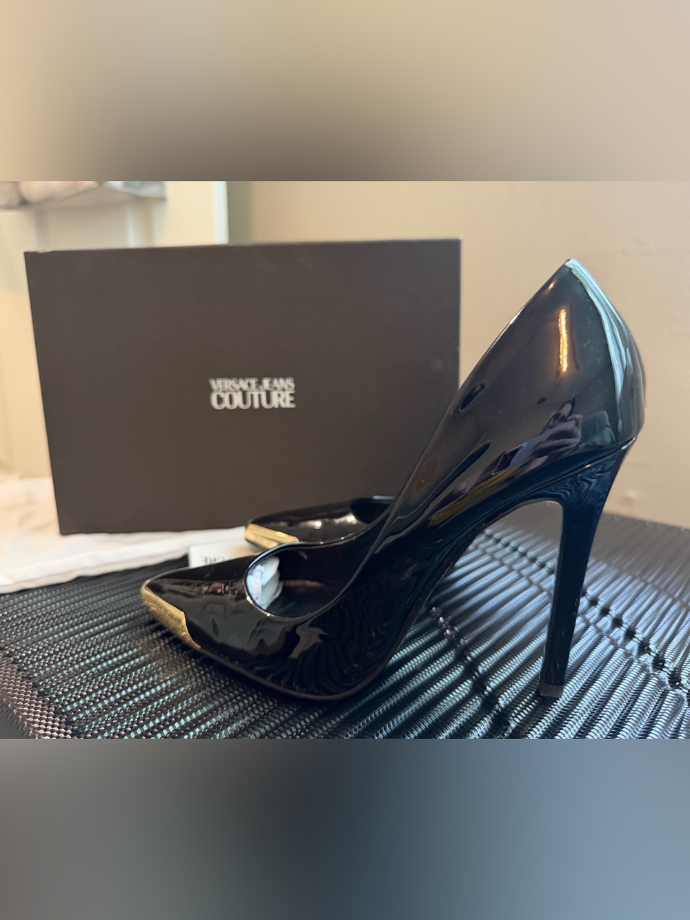 Versace Jeans Collection Black Patent Pointed-Toe Pumps with Gold Toe Cap